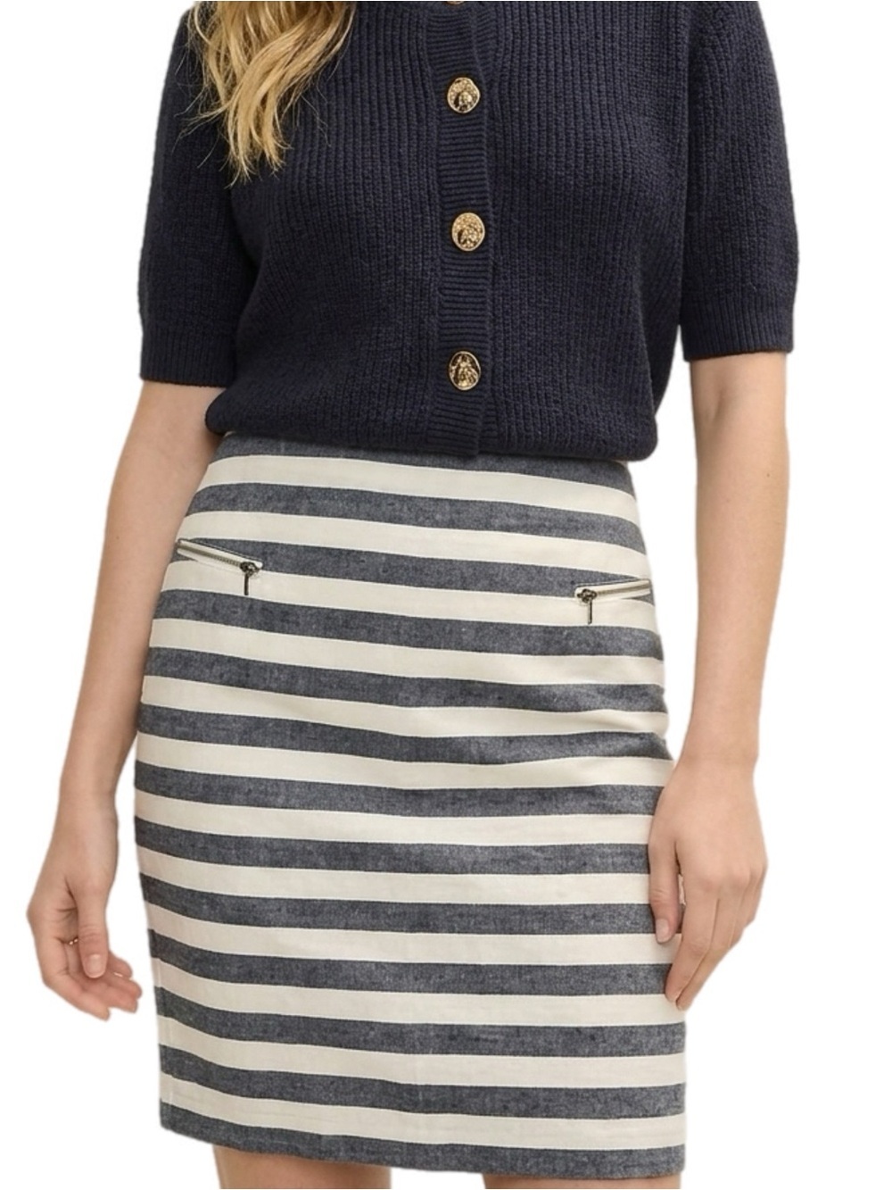 ANN TAYLOR Coastal Linen Blend Striped Pencil Skirt High Rise Navy White Size 4